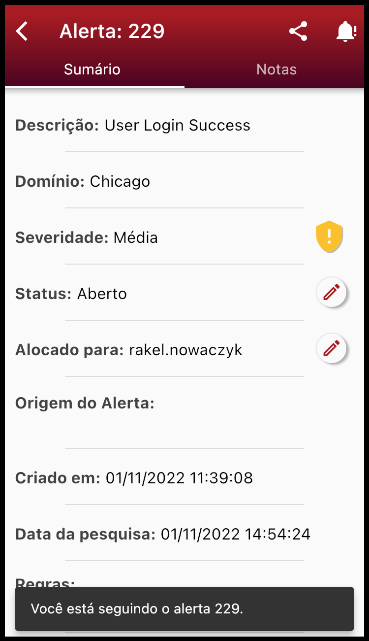 Detalhe do alerta seguido